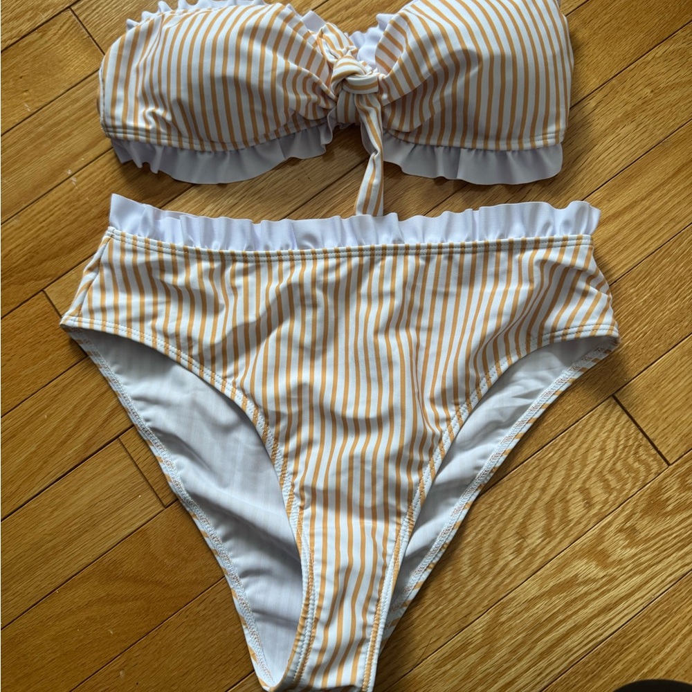 SHEIN White and Mustard Stripe Ruffled Bikini Set